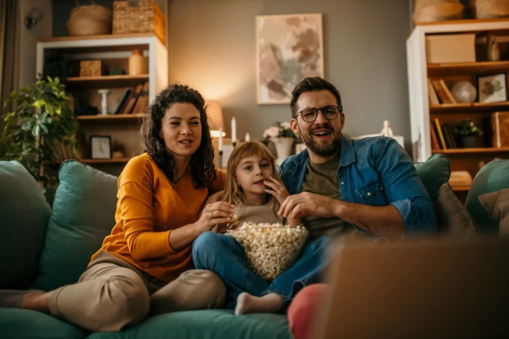 Parents and young daughter eating popcorn while enjoying a TV show