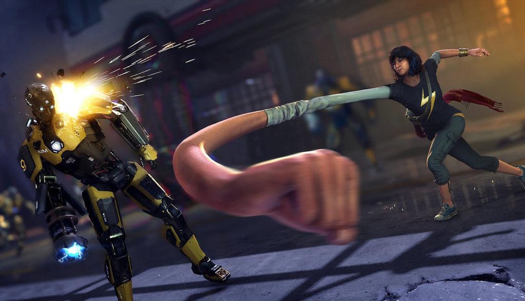 A superhero's elastic arm pummels a bad guy.