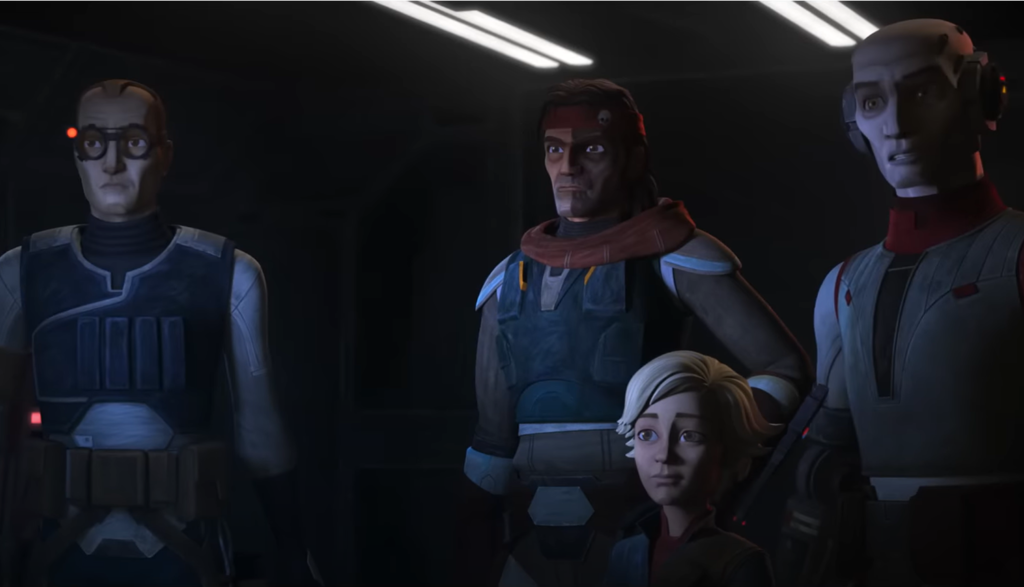 We see three members of the Bad Batch, plus the girl Omega, looking at something.